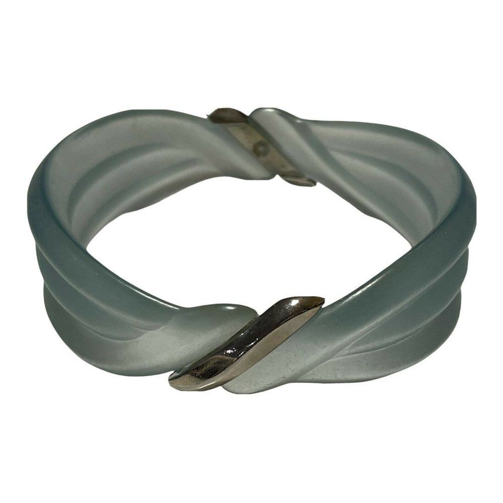 Frosted blue acrylic silver tone slip on Ribbed Textured bangle bracelet